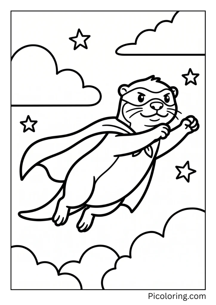 Brave otter wearing a bright cape and mask flying through the sky to save the day