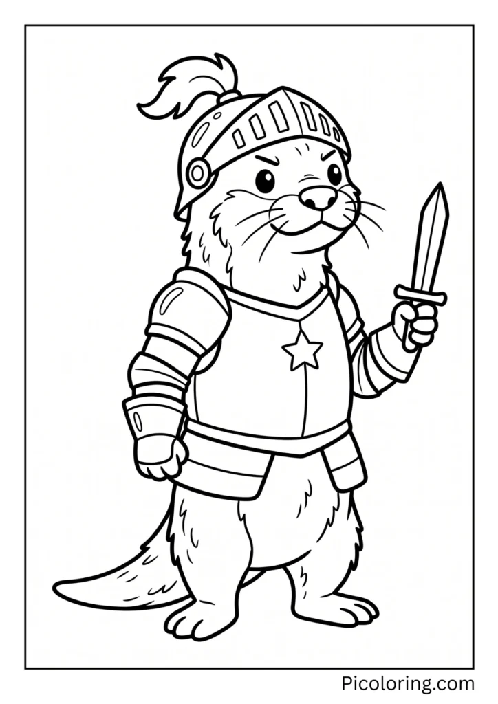 Brave otter wearing shiny silver armor and holding a tiny little sword