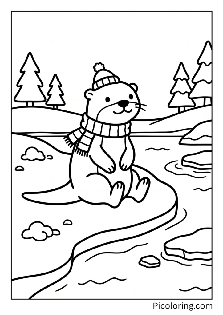Chilly otter sitting on a white snowy bank next to an icy cold river