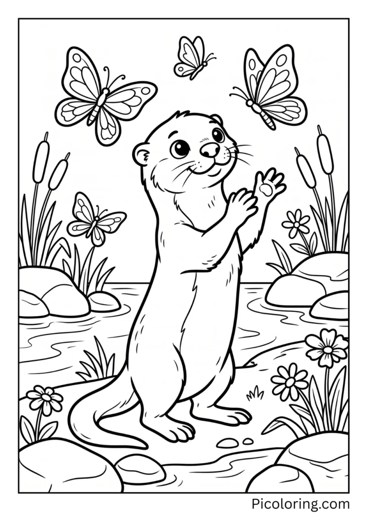 Curious otter trying to catch pretty blue and yellow butterflies with its paws
