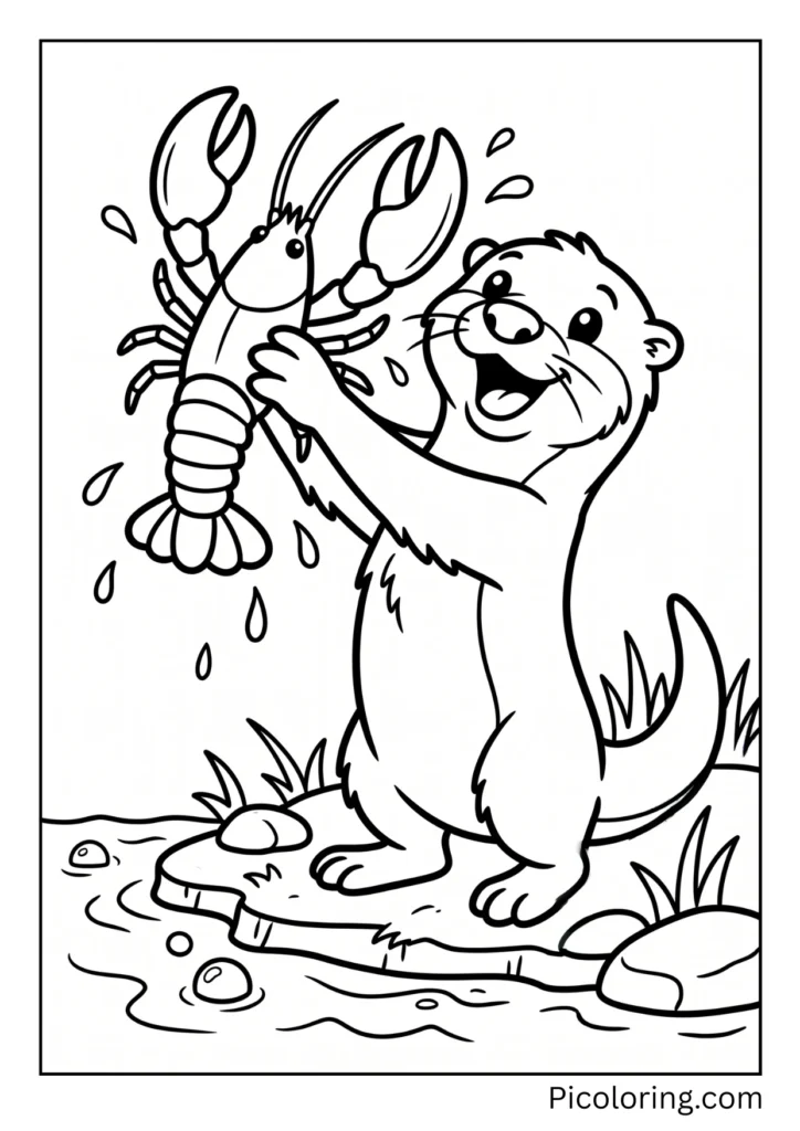 Excited otter waving around a big orange lobster it just pulled out of the water