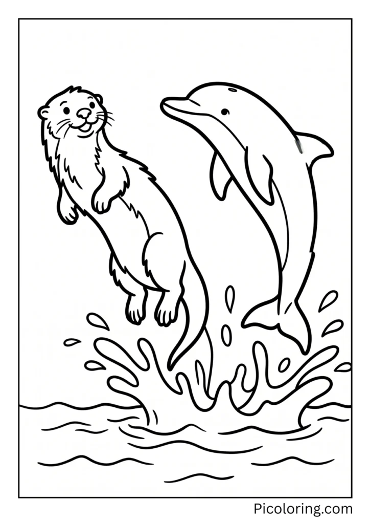 Exciting picture of an otter and a dolphin both leaping out of the blue ocean together