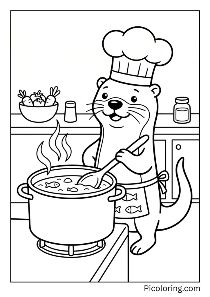 Fancy otter wearing a tall white chef hat and a little apron while cooking fish soup