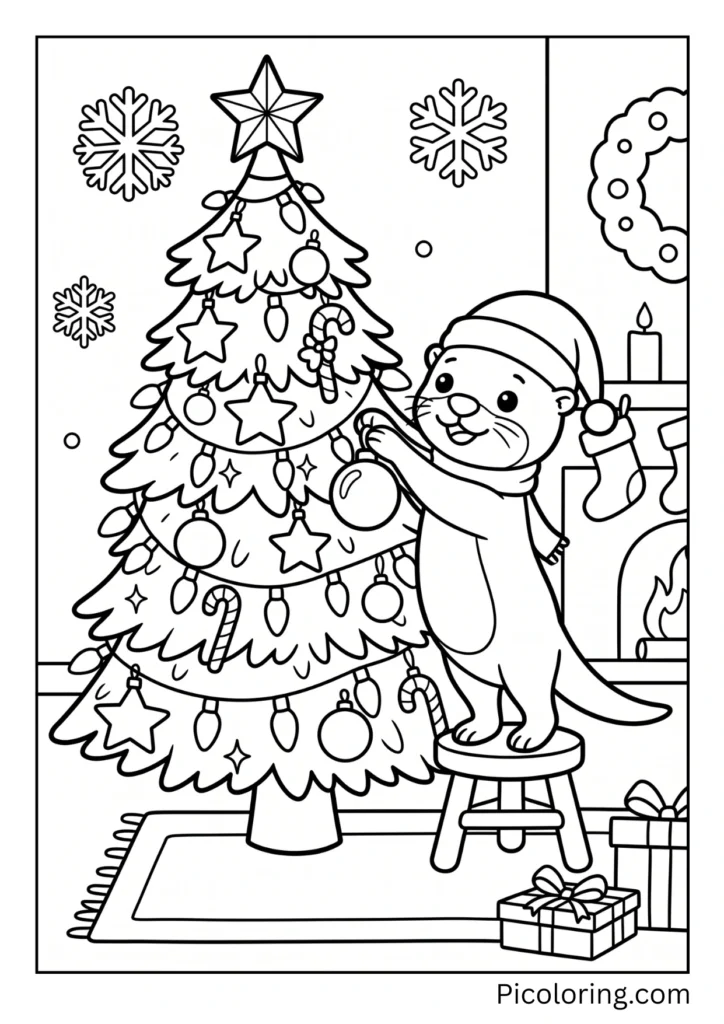 Festive otter hanging shiny ornaments and sparkly lights on a big green Christmas tree