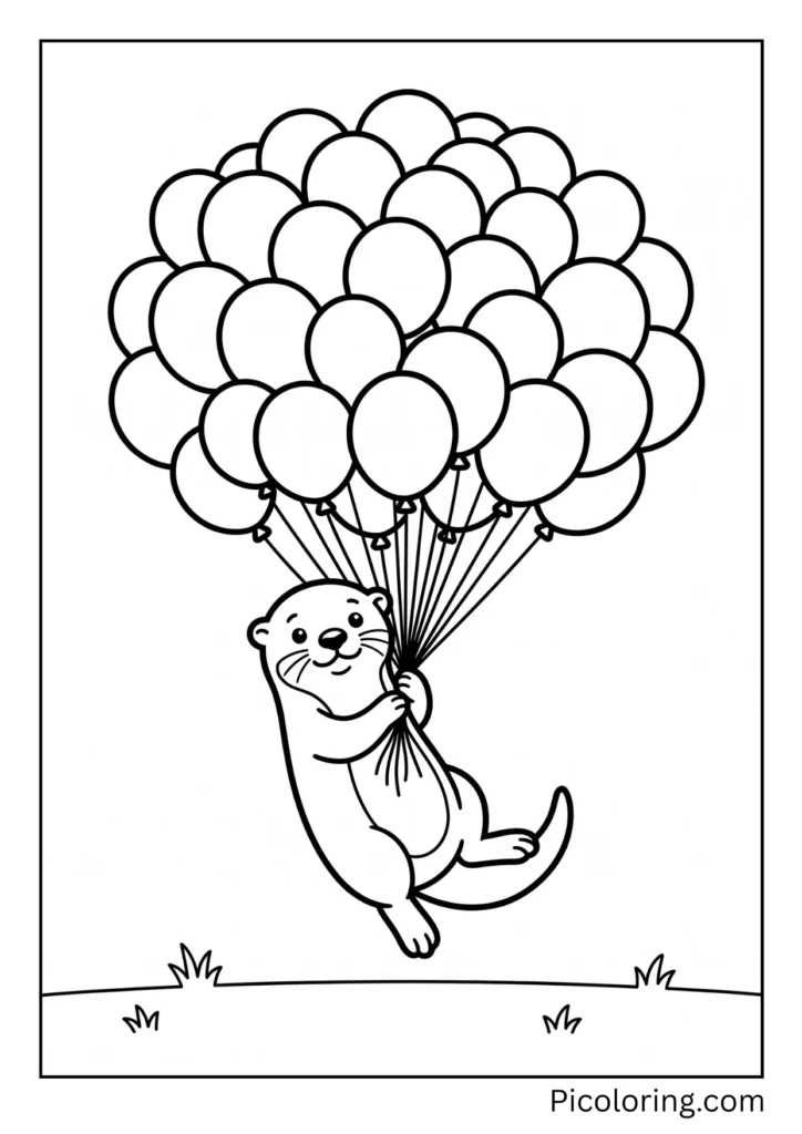 Floating otter holding so many colorful balloons it is almost lifting off the ground
