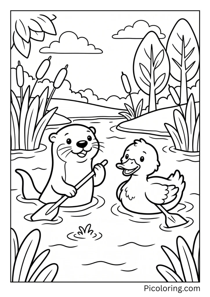 Friendly otter paddling along next to a fluffy yellow and green duck