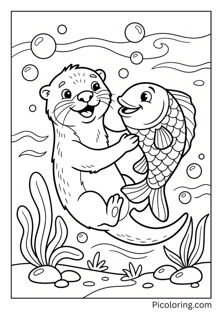 Funny otter and a big orange fish swimming together like the best of friends
