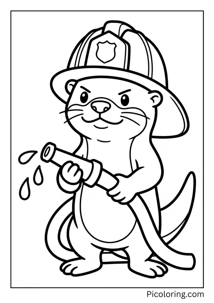 Heroic otter wearing a big red helmet and holding a fire hose with its paws