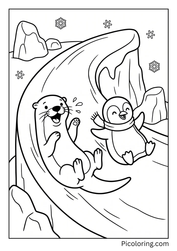 Hilarious otter and a black and white penguin sliding down an icy slope together