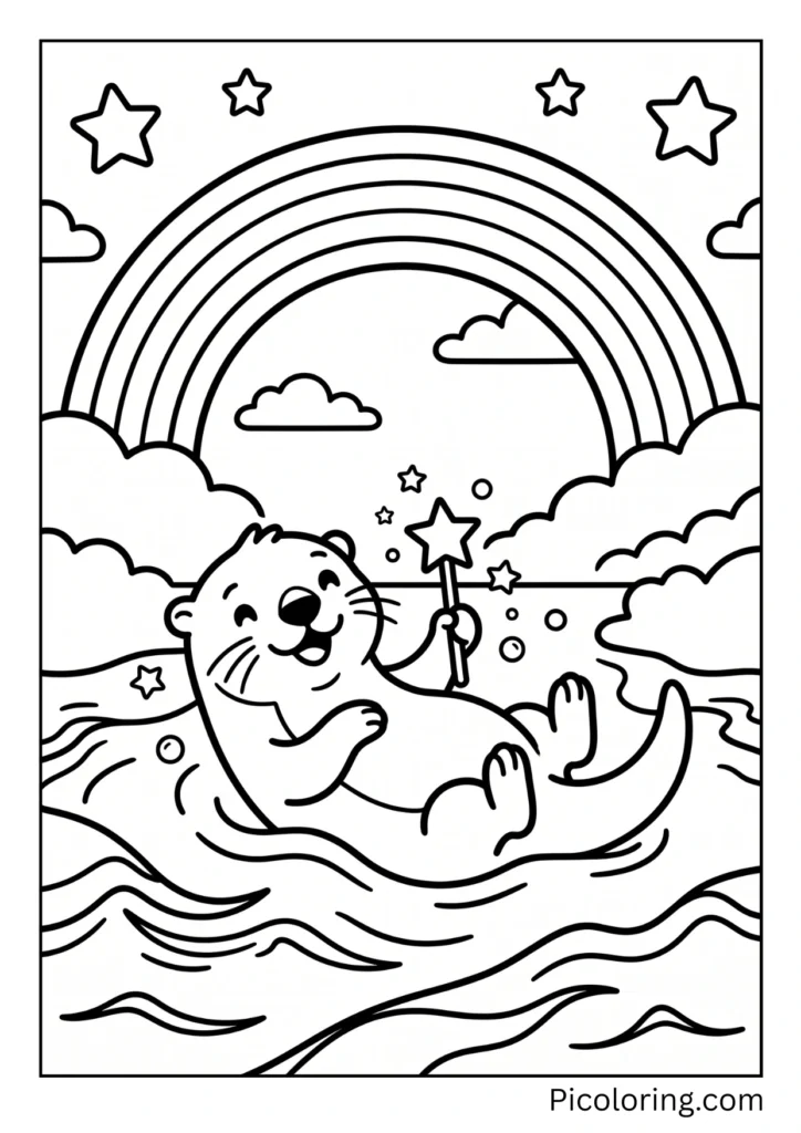 Magical otter floating happily under a big bright rainbow stretching across the sky