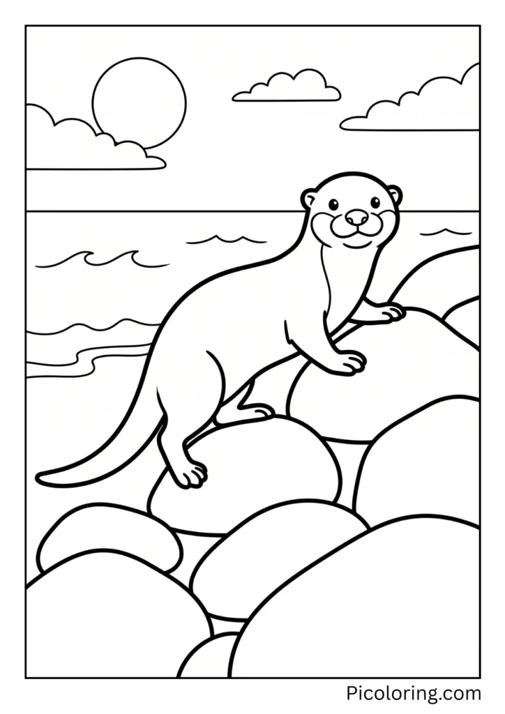 Otter climbing over smooth gray rocks along a beautiful sunny seashore
