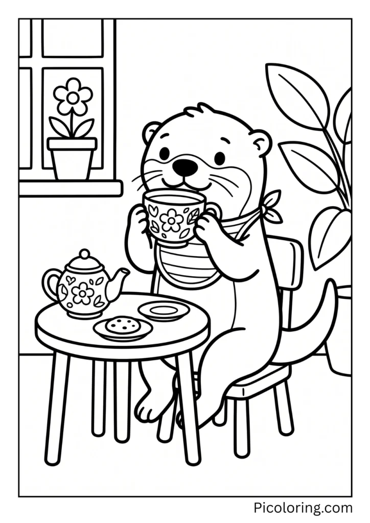 Polite little otter sitting at a tiny table drinking tea from a pretty floral cup