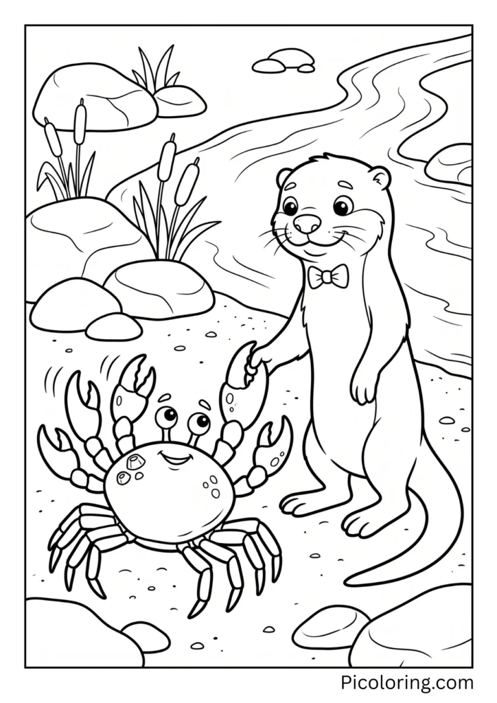 Polite otter shaking one of a funny orange crabs many claws hello