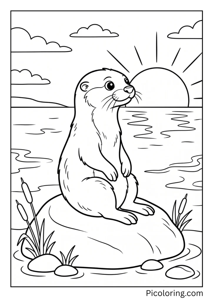 Quiet otter sitting still and watching a beautiful pink and orange sunset over the water