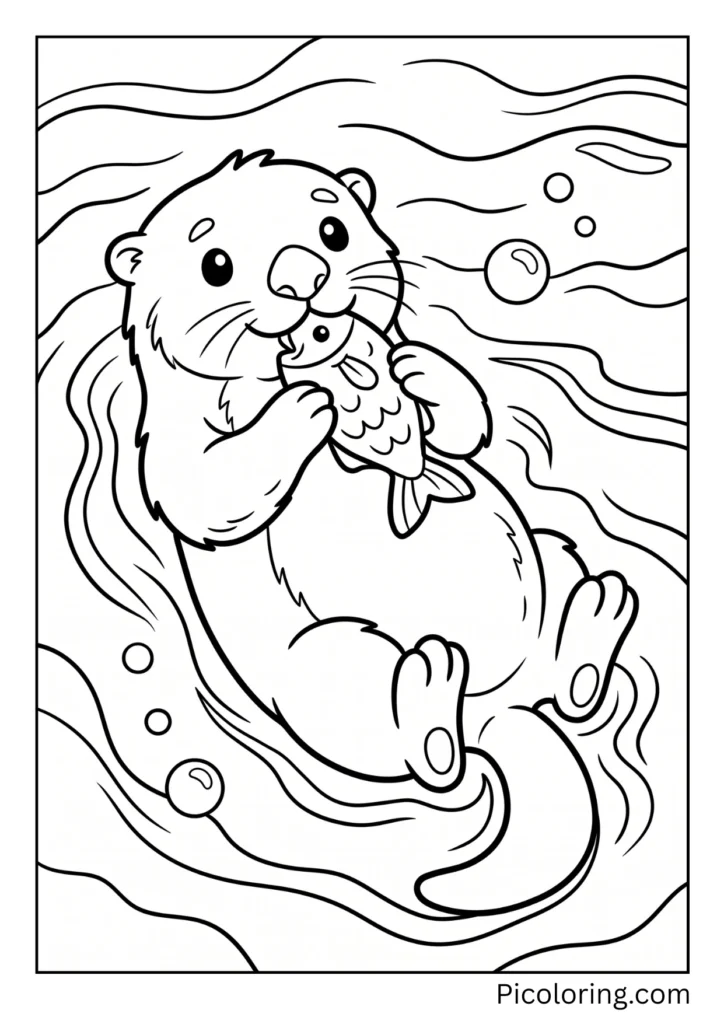 Relaxed otter lying on its back in the water munching on a tasty snack