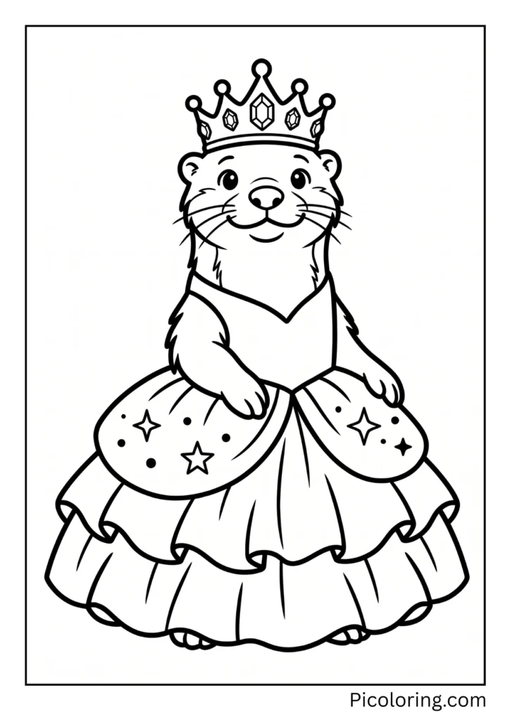 Royal otter wearing a sparkly crown and a beautiful fluffy pink ballgown