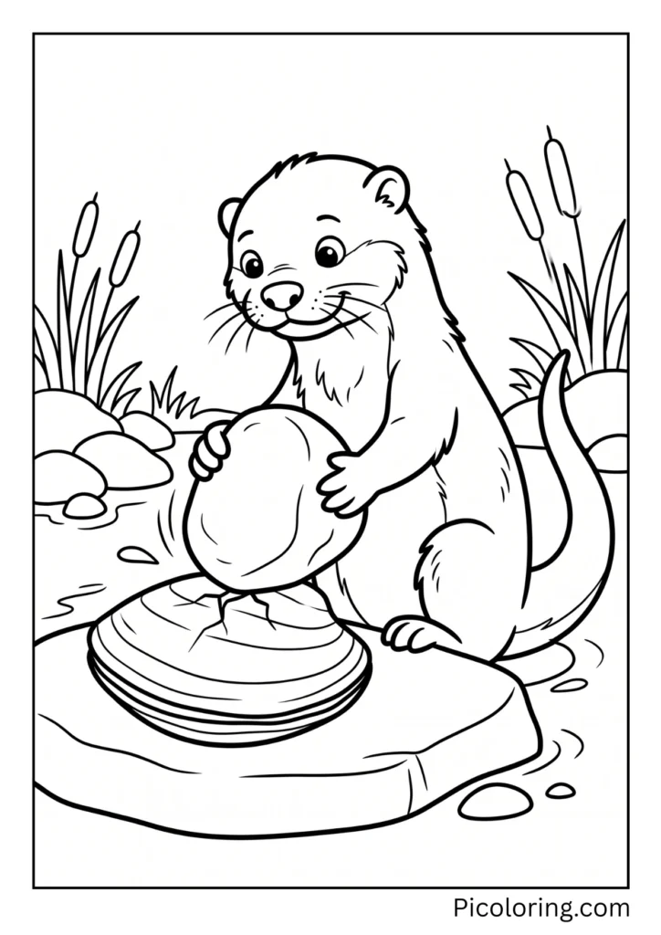 Smart otter using a big rock to crack open a hard clam shell