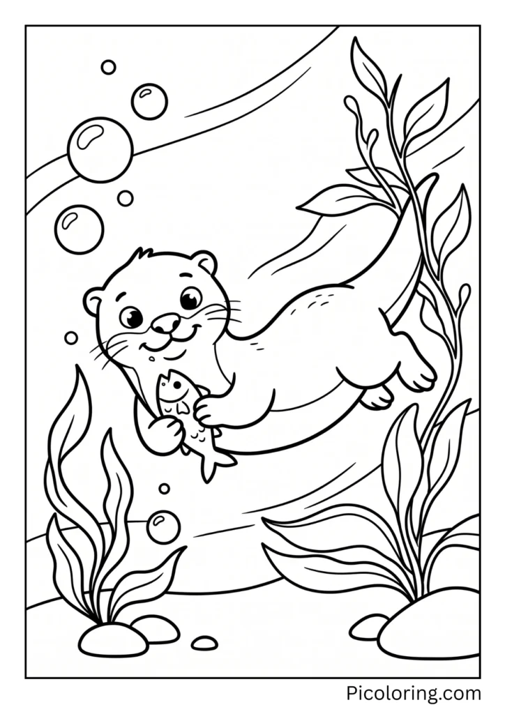 Sneaky otter eating a small fish while swimming around under the blue water