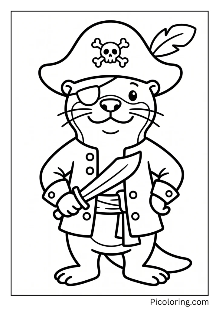 Swashbuckling otter wearing a big black hat and an eye patch on its face