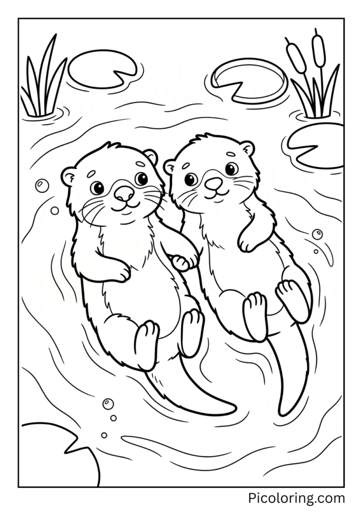 Sweet otters holding each others paws so they stay together on the water