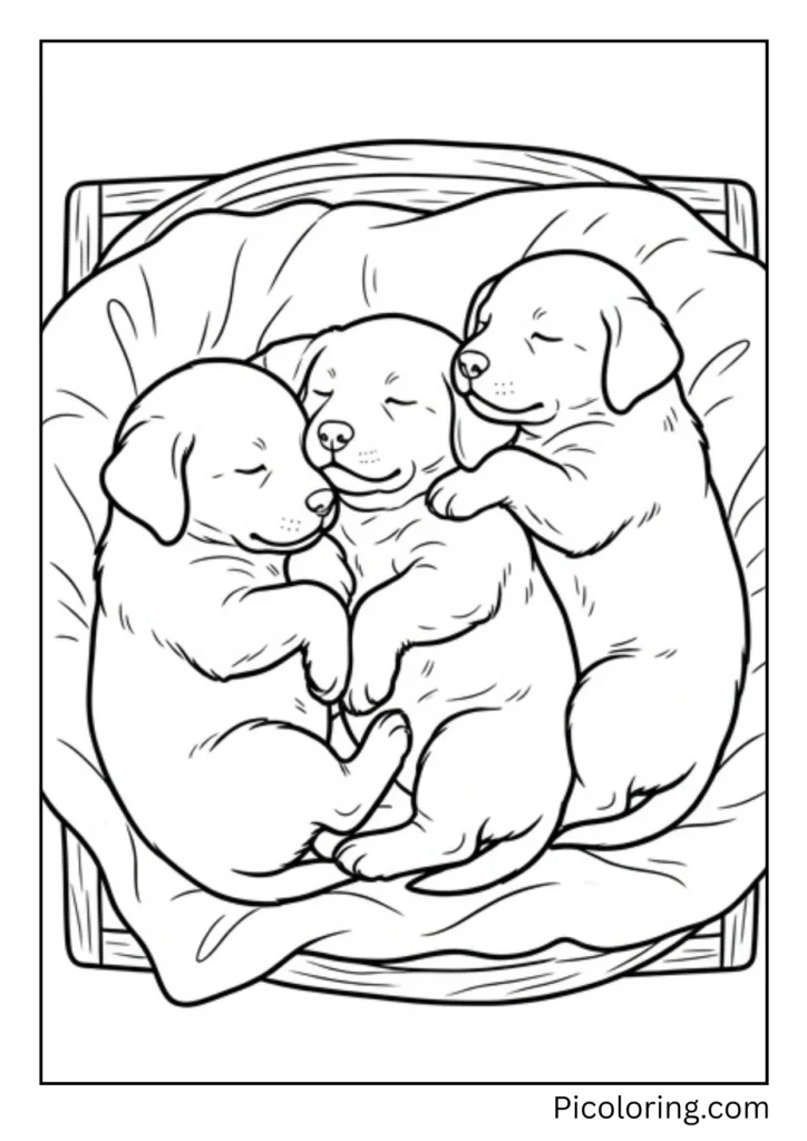 Three fluffy Labrador puppies snuggled together in a big pile of cuteness sleeping peacefully