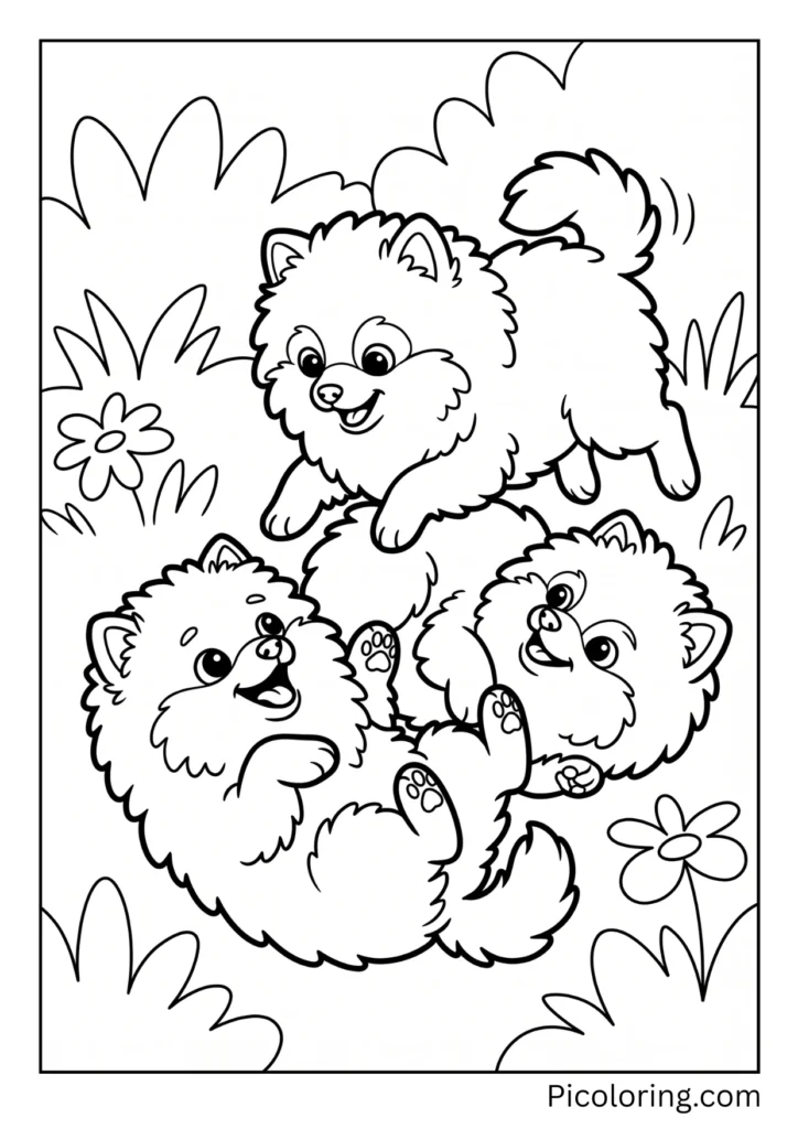 Three fluffy pomeranian puppies tumbling and playing together happily Three fluffy pomeranian puppies tumbling and playing together happily