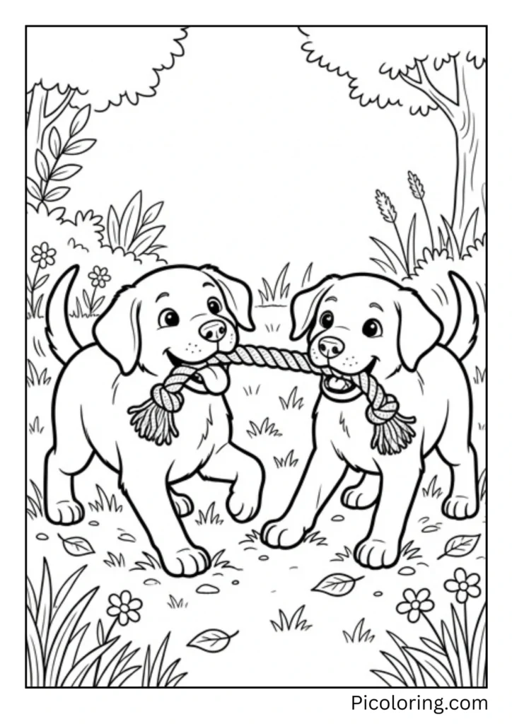 Two Labrador puppies pulling on opposite ends of a colorful rope toy with happy faces