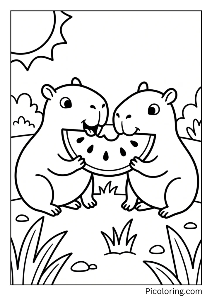 Two baby capybaras sharing a piece of watermelon together Two baby capybaras sharing a piece of watermelon together