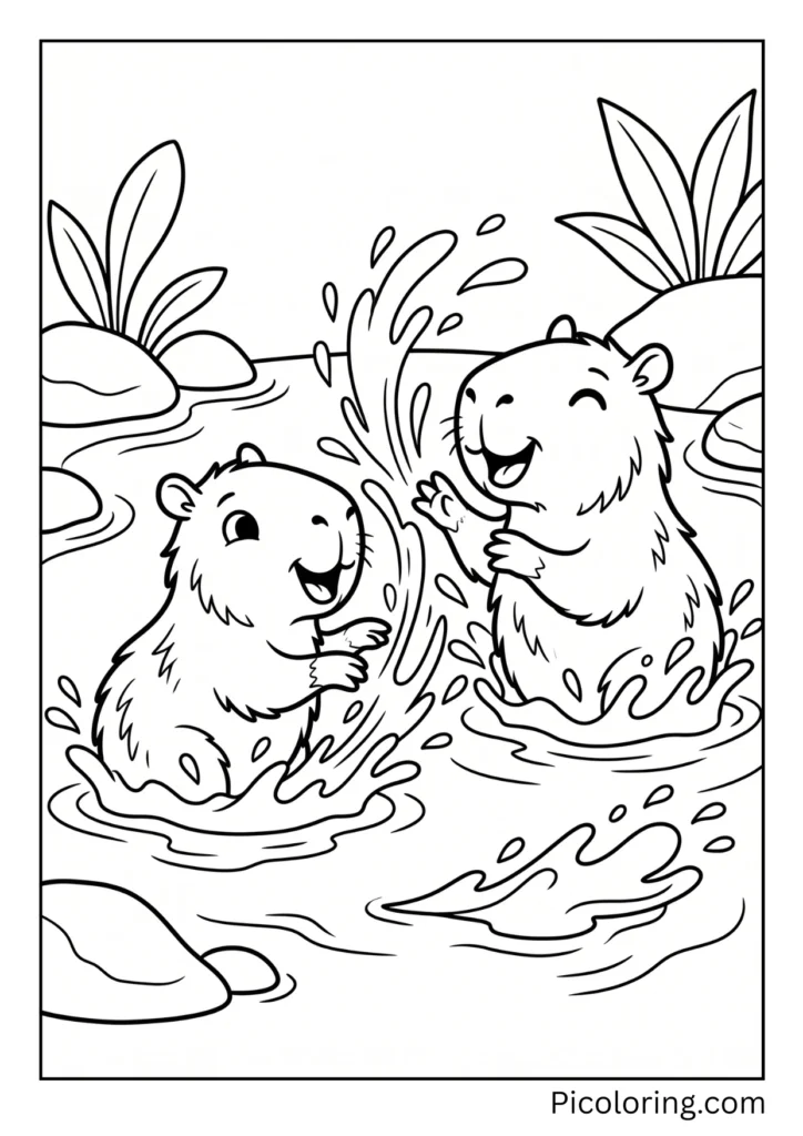 Two capybara siblings splashing water at each other playfully Two capybara siblings splashing water at each other playfully