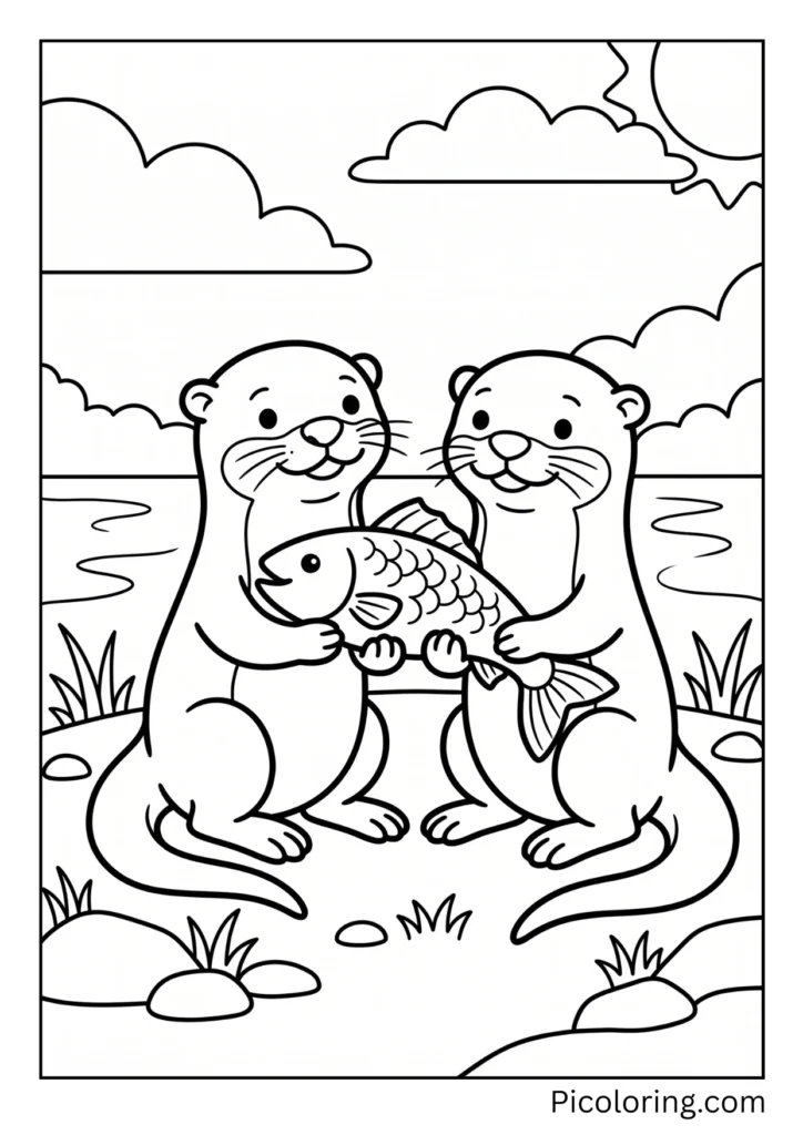 Two kind otters sharing a big fish together on a sunny riverbank