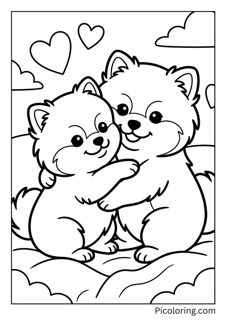 Two tiny pomeranian puppies cuddling together sharing a warm hug Two tiny pomeranian puppies cuddling together sharing a warm hug