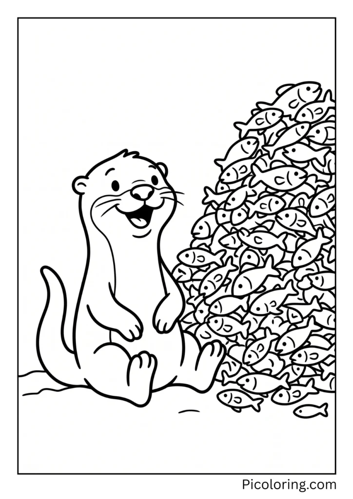 Very happy otter sitting next to a giant pile of colorful yummy fish