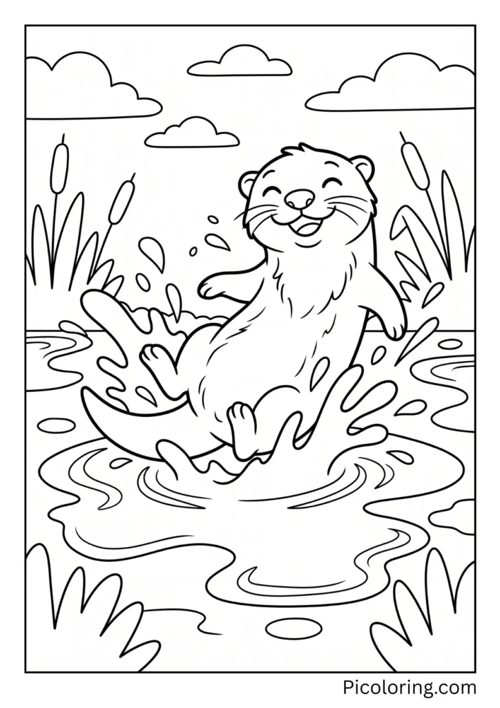 Wet otter happily splashing through big puddles.