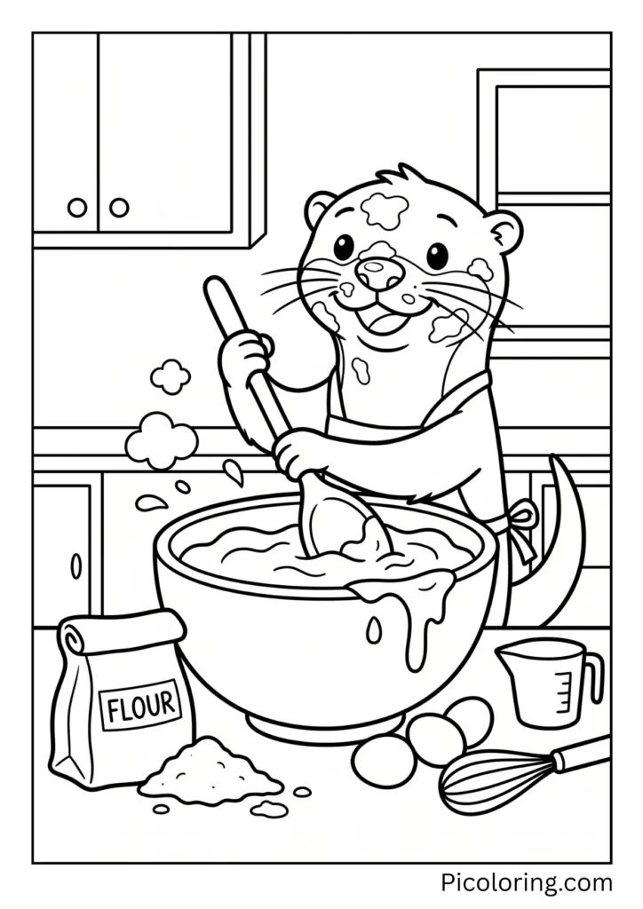 busy otter mixing batter in a big bowl and getting flour all over its face