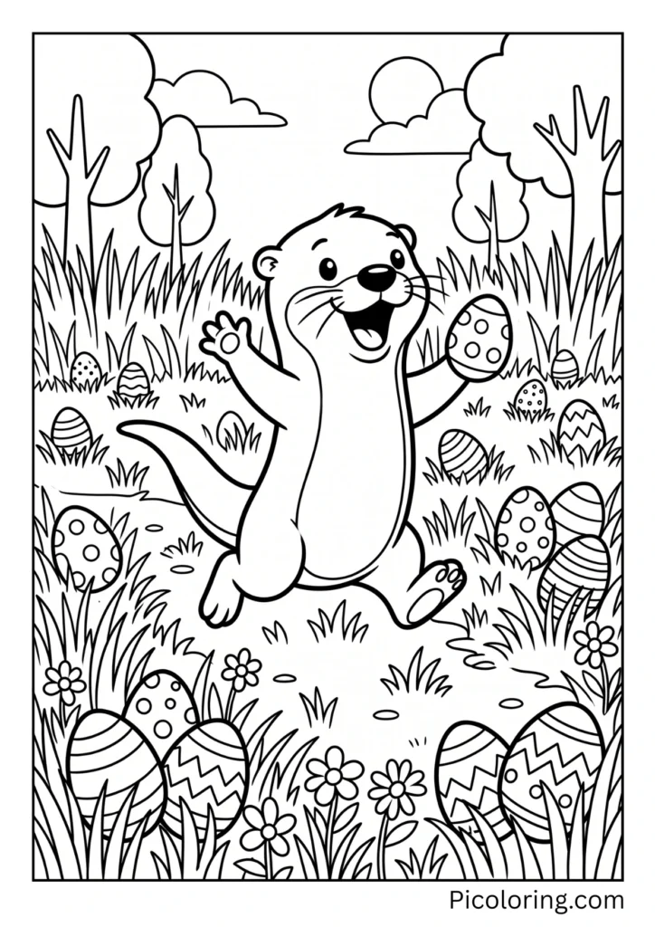 excited otter running through the grass finding brightly painted Easter eggs everywhere