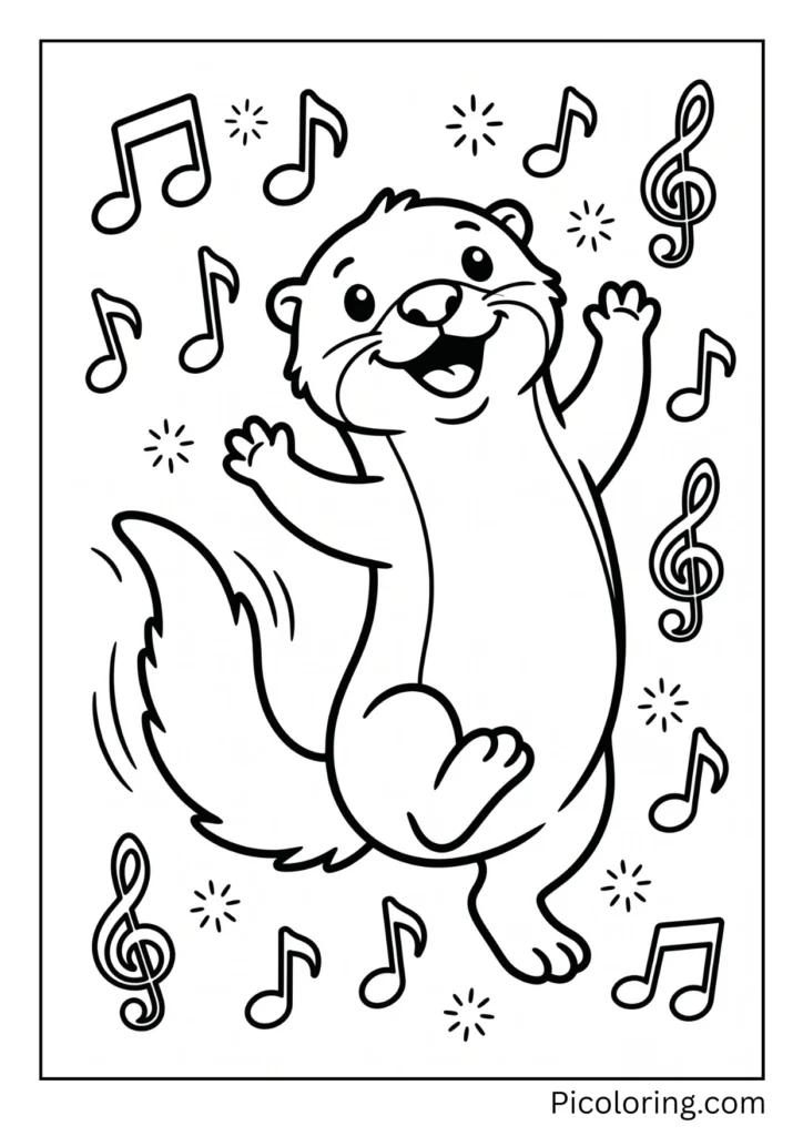 silly otter shaking its fluffy tail and waving its paws to the beat of the music