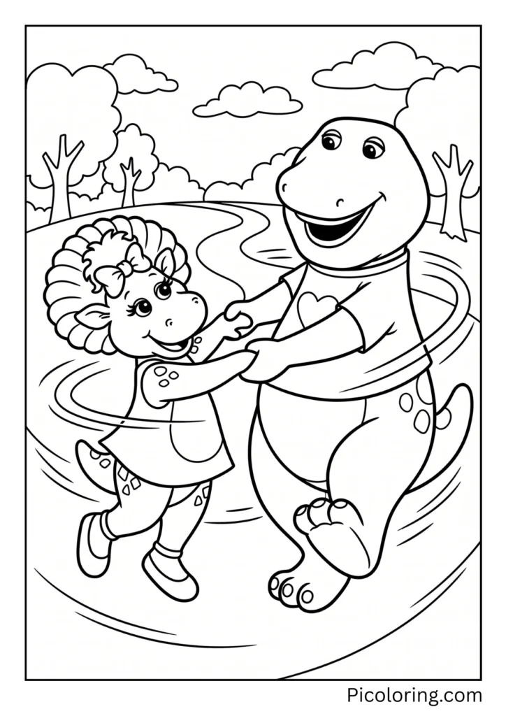 Baby Bop and Barney hold hands and spin around together Baby Bop and Barney hold hands and spin around together