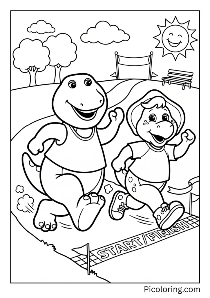Barney and BJ are having a fun foot race Barney and BJ are having a fun foot race