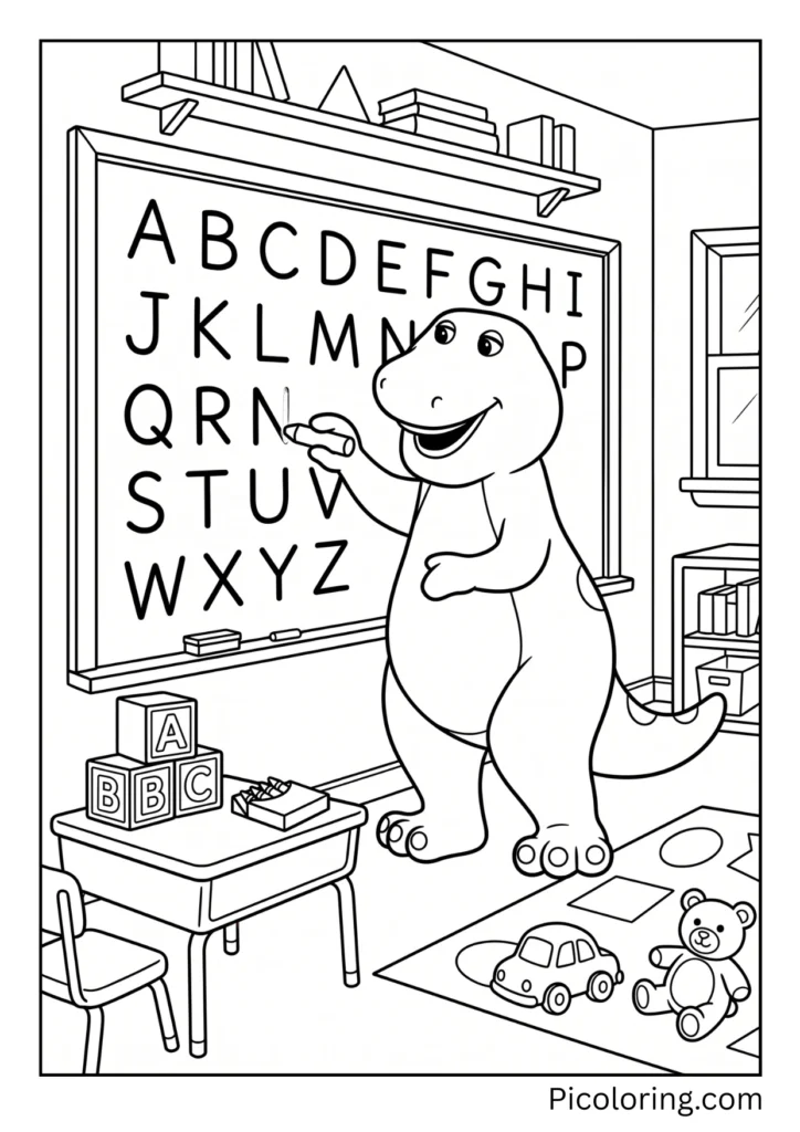 Barney carefully writes each letter of the alphabet on a chalkboard Barney carefully writes each letter of the alphabet on a chalkboard