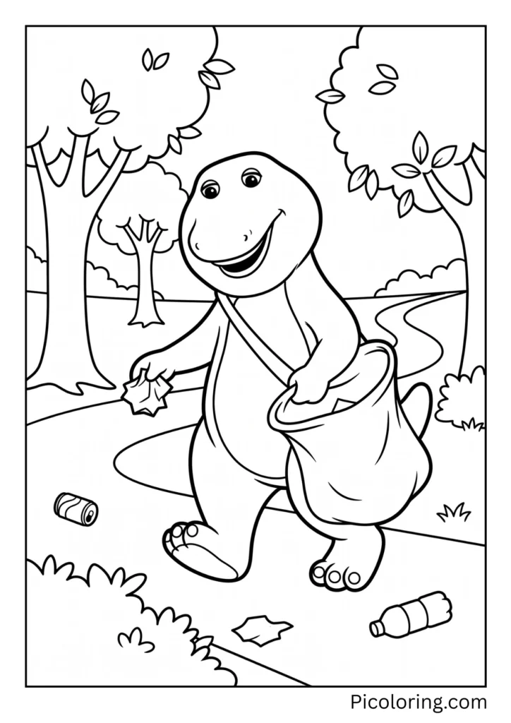 Barney carries a bag and picks up trash in the park Barney carries a bag and picks up trash in the park