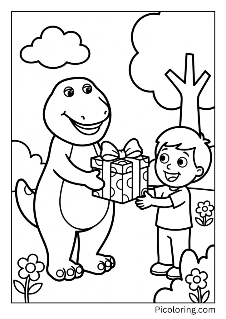 Barney hands a neatly wrapped gift to a surprised happy friend Barney hands a neatly wrapped gift to a surprised happy friend