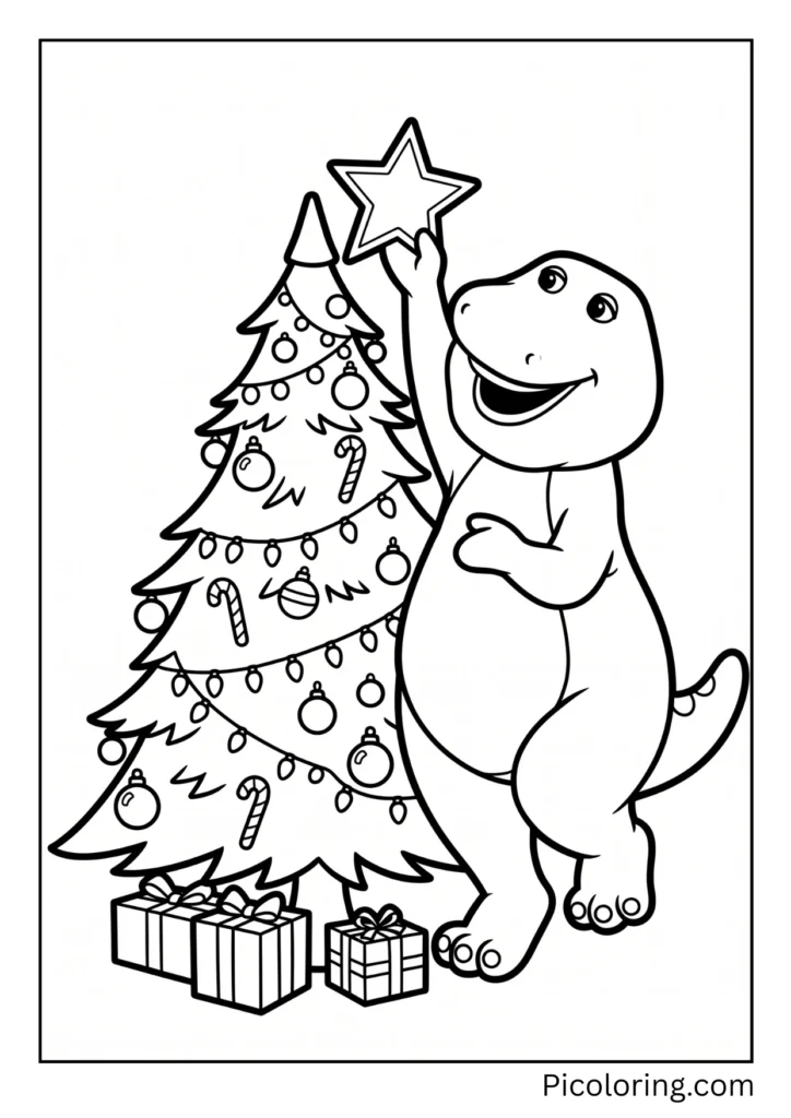 Barney hangs a shiny star on top of the tall tree Barney hangs a shiny star on top of the tall tree