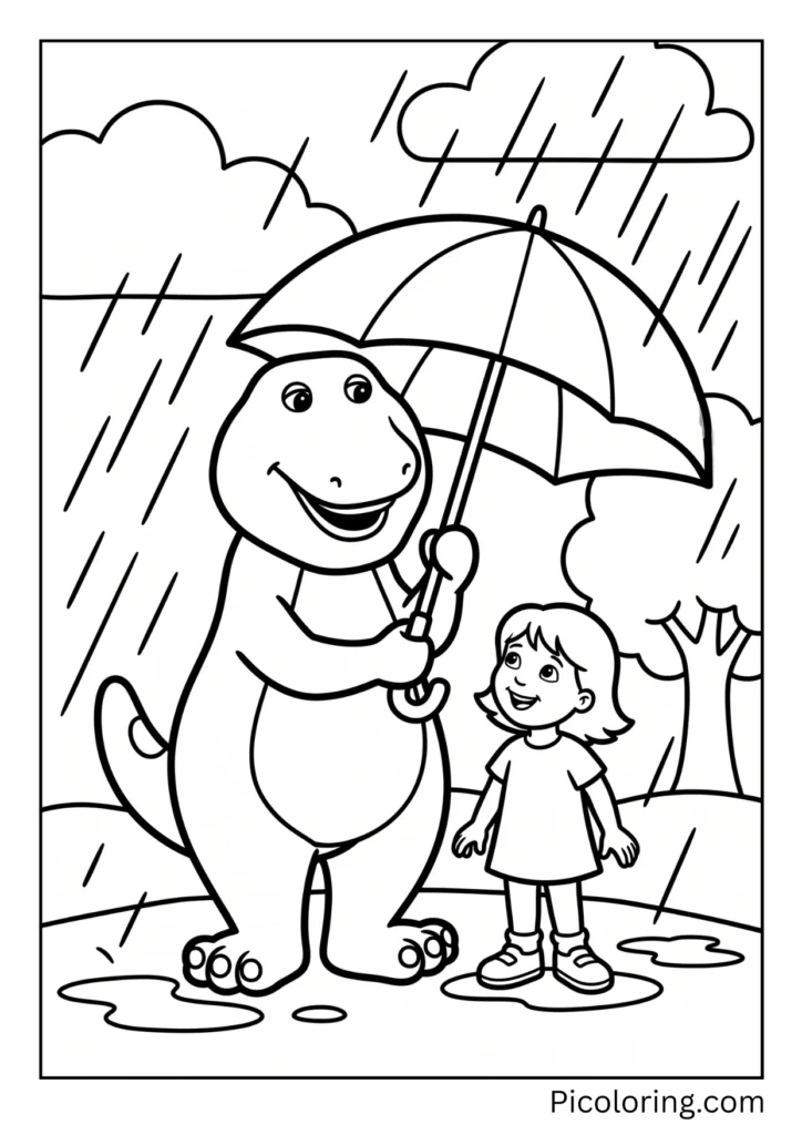 Barney holds his umbrella over a friend so she stays dry Barney holds his umbrella over a friend so she stays dry