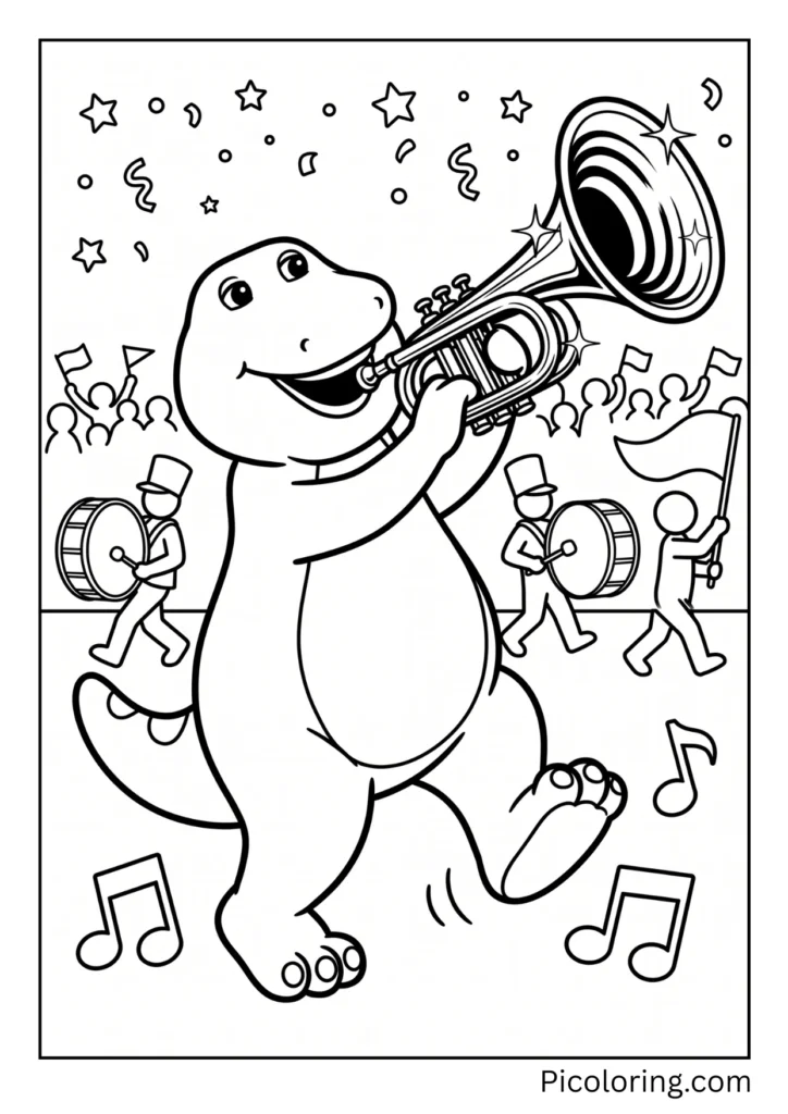 Barney marches in a parade playing a shiny silver trumpet Barney marches in a parade playing a shiny silver trumpet