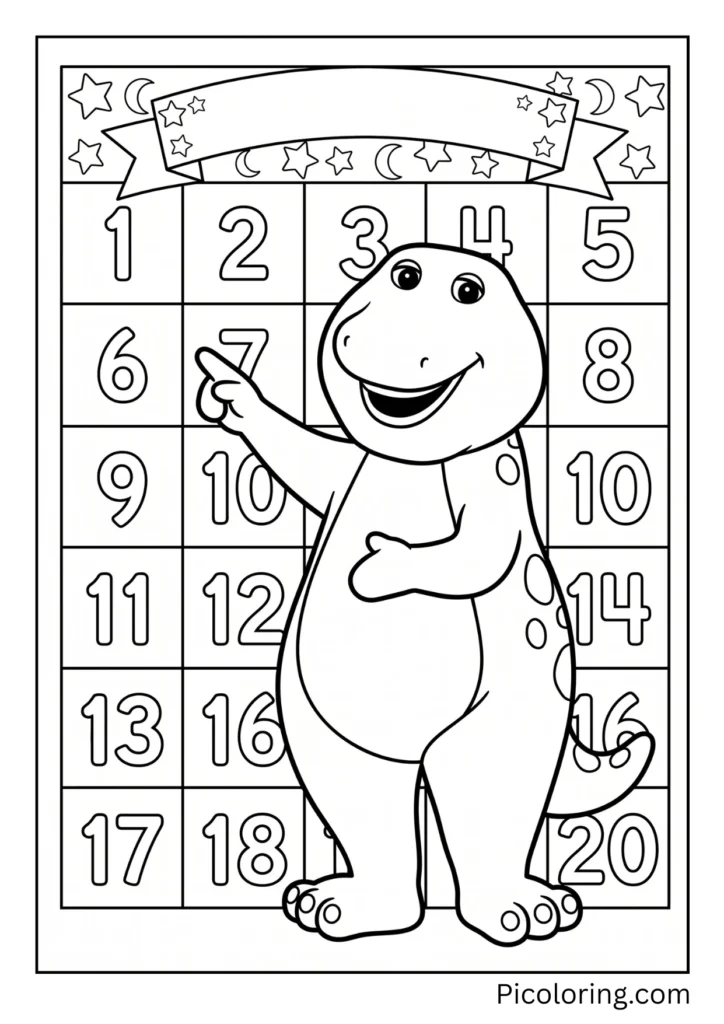 Barney points to numbers written on a big colorful chart Barney points to numbers written on a big colorful chart