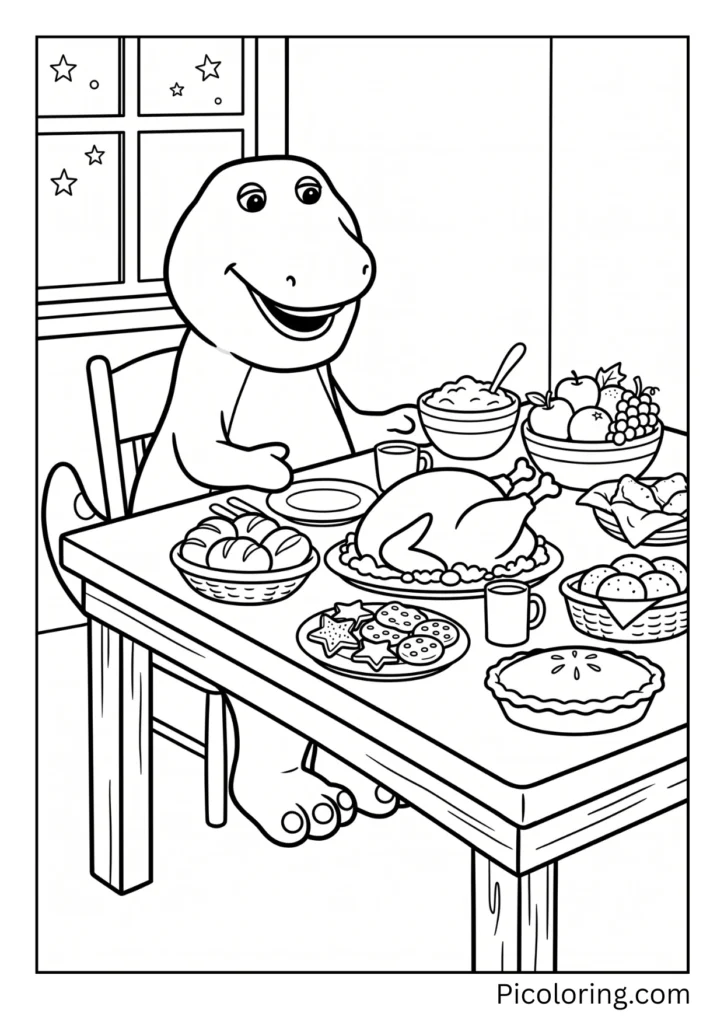 Barney sits at a big table full of yummy holiday food Barney sits at a big table full of yummy holiday food