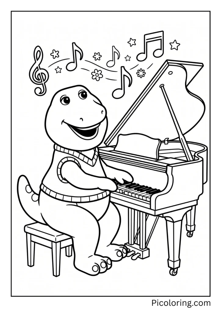 Barney sits at a grand piano and plays a happy melody Barney sits at a grand piano and plays a happy melody