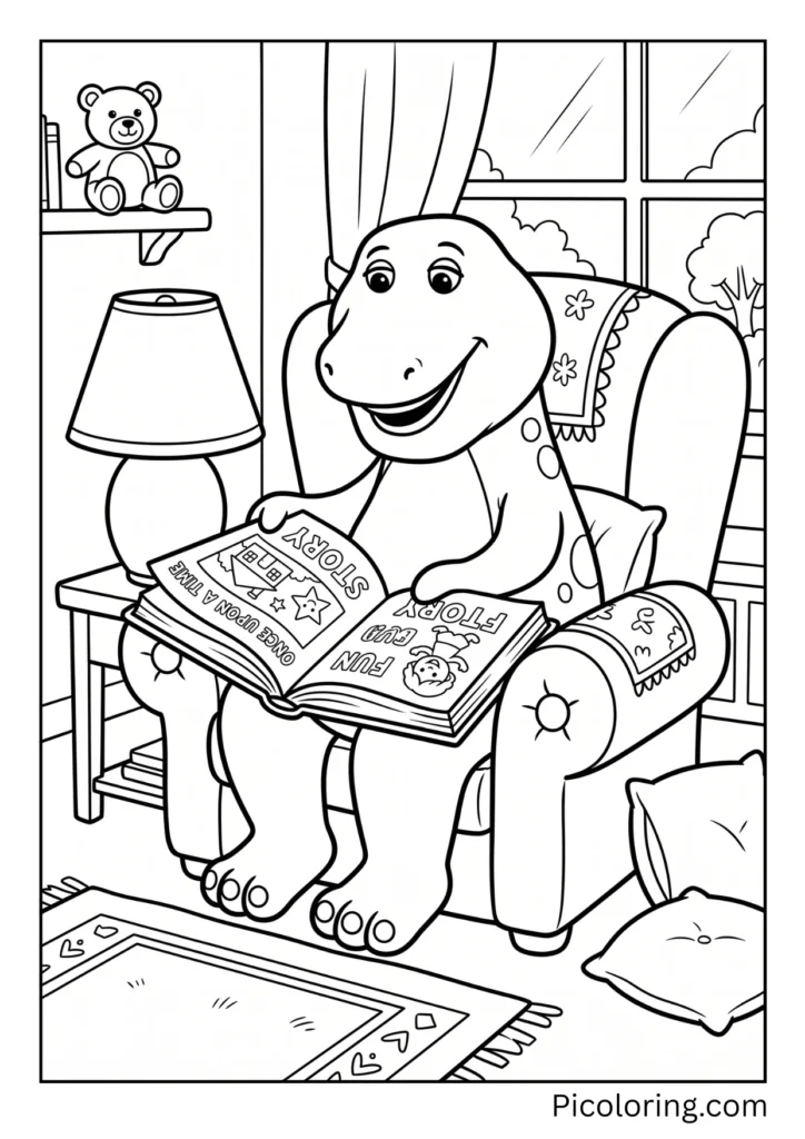 Barney sits in a cozy chair reading a great big storybook Barney sits in a cozy chair reading a great big storybook