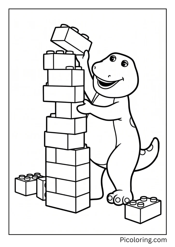 Barney stacks big colorful blocks up very high Barney stacks big colorful blocks up very high