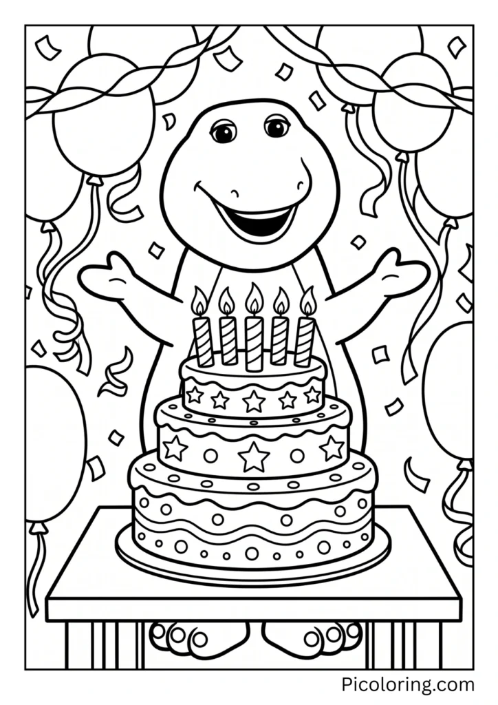 Barney stands behind a big cake with candles all lit up Barney stands behind a big cake with candles all lit up
